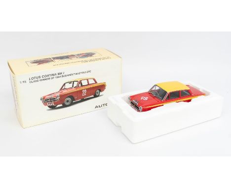 Autoart: A 1:18 Scale Model of a Lotus Cortina Mk I Class Winner of Budapest Nagydij Etc, Manufacturer Autoart. Boxed. Refere