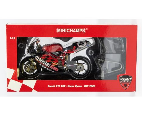 Minichamps: A 1:12 Scale Model of a Ducati 998 F02 BSB 2003 Shane Byrne Team MonsterMob, Manufacturer Minichamps. Boxed. Refe