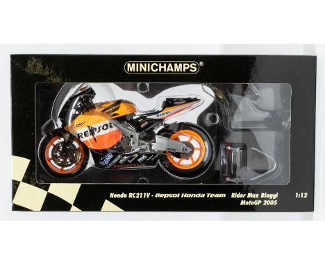 Minichamps: A 1:12 Scale Model of a Honda RC211V Repsol Honda Team Rider Max Biaggi MotoGP 2005, Manufacturer Minichamps. Box