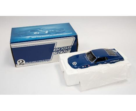 Welly / GMP: A 1:18 Scale Model of a 1969 Dan Gurney #2 Trans-AM Mustang Blue, Manufacturer Welly / GMP. Boxed. Contents appe