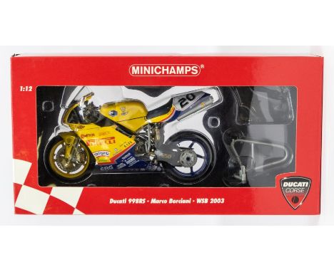 Minichamps: A 1:12 Scale Model of a Ducati 998RS WSB 2003 Marco Borciani Team, D.F.X. Racing, Manufacturer Minichamps. Boxed.