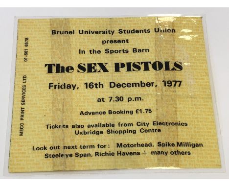 SEX PISTOLS 1977 BRUNEL TICKET STUB.  "It was a fiasco…We were in that big hall, which was jam packed, nobody really knew why
