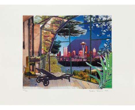 DEXTER DALWOOD (b. 1960) 'Kurt Cobain's Greenhouse' 2001 Offset lithograph with collage Paper 43.7 x 59.0 cms Image 32.0 x 38