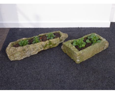 Curved rectangular rough cut trough (74cm x 26cm), and a small rectangular stone trough (30cm x 49cm), both planted