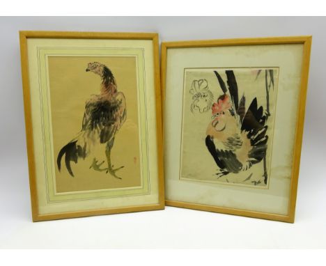 Japanese Meiji period drawing of a cockerel, pen, ink and colour and with signature 42 x 26cms and another of a cockerel-   S