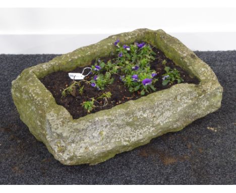Rectangular rough cut weathered trough, planted, 56cm x 39cm