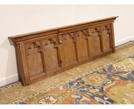 Late 19th century pitch pine ecclesiastical Gothic wall panel, 201cm x 62cm