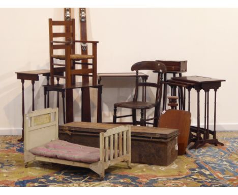 Pair Vintage 'Tyrolia' wooden skis, 20th century rectangular metal trunk, Arts &amp; Crafts oak child's chair with rush seat,