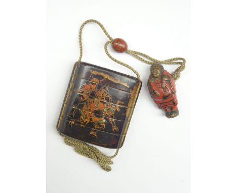 Japanese lacquer four-case Inro, 18th Century, decorated in gold, red and black with a Samurai on horseback and two Samurai f