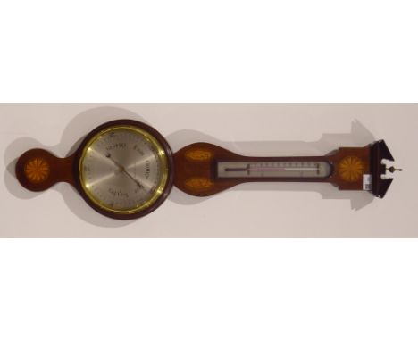 Georgian style inlaid mahogany wheel barometer with thermometer, circular silvered dial signed 'Robert Curtis &amp; Sons Hull