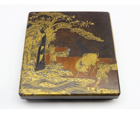 Japanese lacquer writing box, Edo period (18th Century), the box and cover decorated in gold, black and brown with a man wash