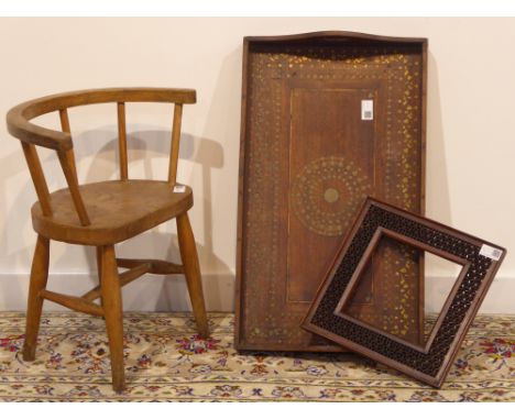 Child's country elm and beech stick and hoop back chair, Eastern hardwood and brass inlaid tray and a pierced hardwood mirror