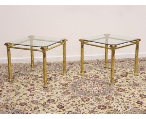 Pair gilt metal square glass top lamp tables, 60cm x 60cm, H51cm