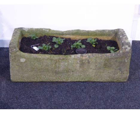 Large rectangular weathered stone trough, planted, 93cm x 39cm, H32cm