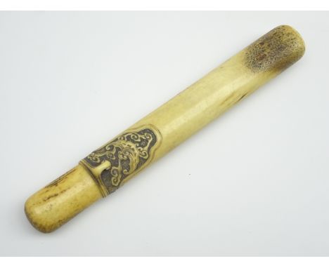 Another Stag Antler pipe case Edo period (19th Century) carved with stylised fungus in Kokusai style L 20.5cms-  Soame Jenyns