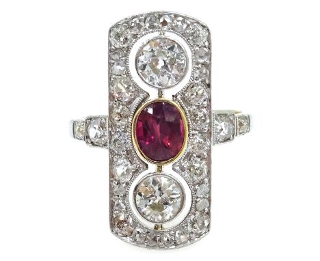 18ct gold and platinum (tested) ruby and old cut diamond panel ring