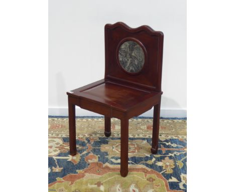 19th/20th century Chinese hardwood chair with circular grey veined marble dream stone panel back, H90cm