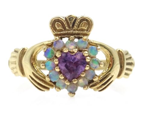 9ct gold opal and amethyst Claddagh ring, hallmarked  Condition Report &amp; Further Details Approx 2.2gm, size N-O