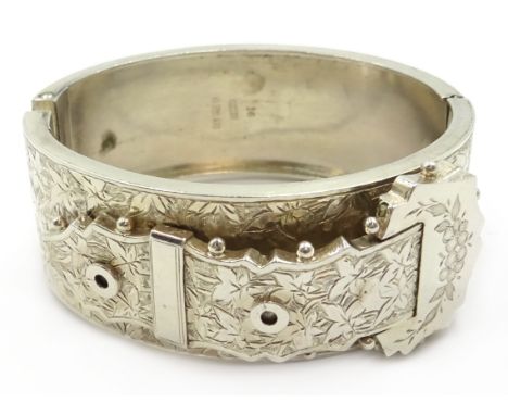 Silver buckle hinged bangle, engraved leaf decoration by John Millward Banks, Birmingham 1882