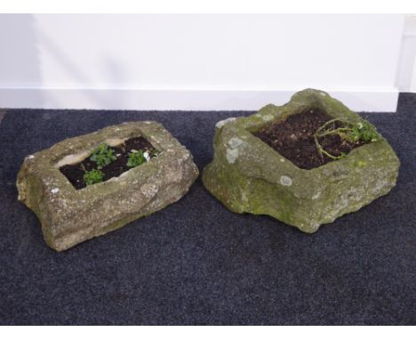 Square rough cut stone trough (38cm x 46cm), and a rectangular stone trough (28cm x 41cm), both planted 