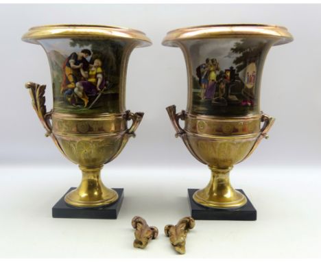 Pair mid 19th century Continental campana shaped vases, painted with panels of classical figures and landscapes, one depictin