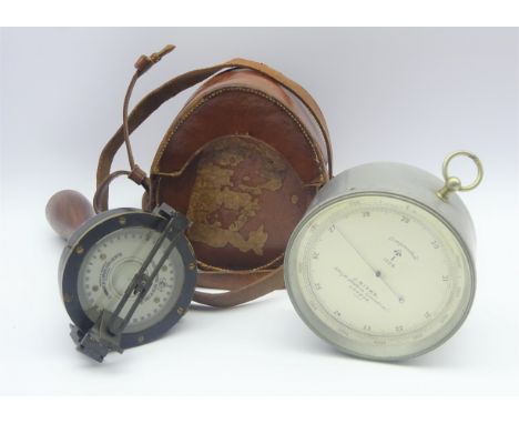 Captain Chetwynd's hand held boat compass by Kelvin, Bottomley and Baird with turned wooden handle 9cms Diam and an aneroid b