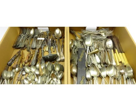 Large quantity of assorted plated table cutlery, including Victorian fish servers, fiddle pattern ladle, basting spoons etc 