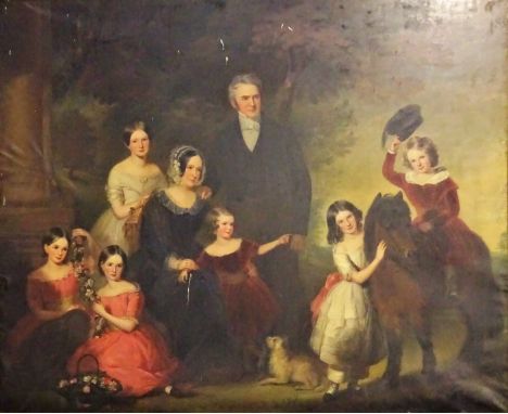 Samuel Howell (fl1828 - 1856)  'Thomas Starkey and his family with a dog, pony etc, oil on canvas in an ornate gilt frame. La