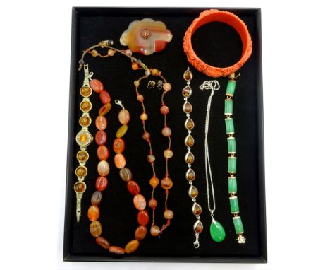 Agate bead necklaces and buckle, silver amber bracelet and jade necklace stamped 925, jade bracelet, coral bangle etc