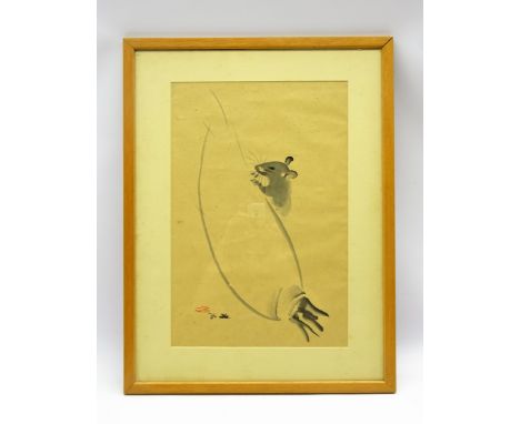 Japanese Meiji period drawing of a mouse on a radish (daikon) in pen, ink and colour, signed 42 x 28cms --  Soame Jenyns Coll