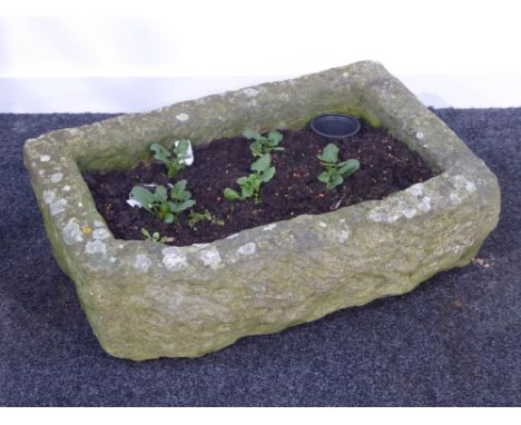 Rectangular weather stone trough with canted corner, planted, 65cm x 41cm