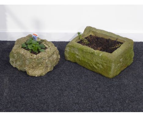 Small rough cut stone trough (27cm x 34cm), and another rectangular stone trough (48cm x 30cm), both planted