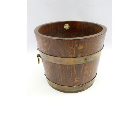 R A Lister &amp; Co brass bound oak coal bucket with swing handle and tin liner, H23cm x D26cm 