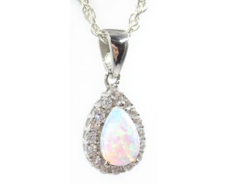 Opal and cubic zirconia silver pendant necklace, stamped 925