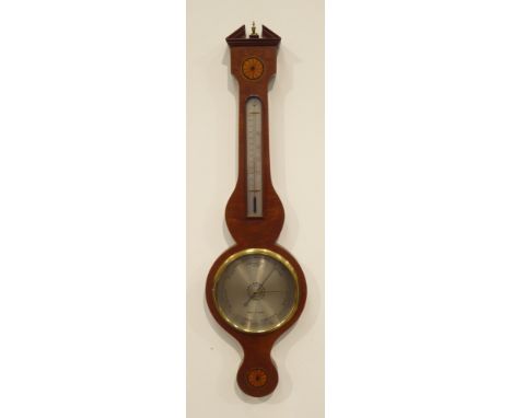 Georgian style mahogany wheel barometer, broken arch pediment, fan inlay, with thermometer, silvered dial signed 'Negretti Za