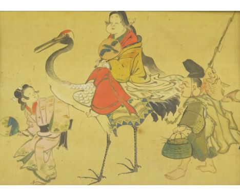 Manner of Kawanabe Kyosaio (1831-1889) Woman seated astride crane with attendants, signature and seal mark, pen ink and water