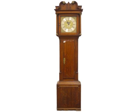 Early 19th century oak longcase clock, square dial with silvered chapter ring, subsidiary date dial and painted dial, signed 