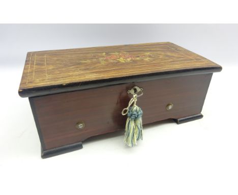 19th Century musical box with comb and cylinder movement in simulated rosewood case, with a wax seal inscribed 'Leipzig' L35c