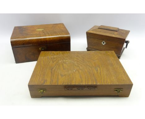 Victorian rosewood sarcophagus shaped tea caddy, L25cm, Victorian walnut writing slope, six fish knives and forks in canteen 