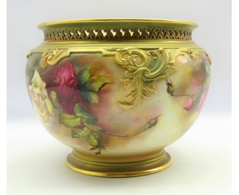 Royal Worcester Jardiniere painted with roses beneath a pierced gilded rim, signed 'M (Mary) Eaton', D26cm x H24cm  Condition