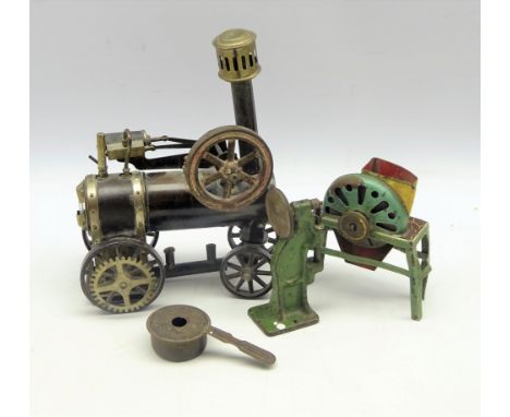 Tin plate model steam engine, H22cm Marklin tinplate hopper and three other items 