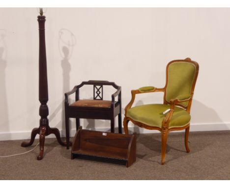 French style beech framed armchair, Edwardian beech piano stool with hinged upholstered seat, 20th century mahogany standard 