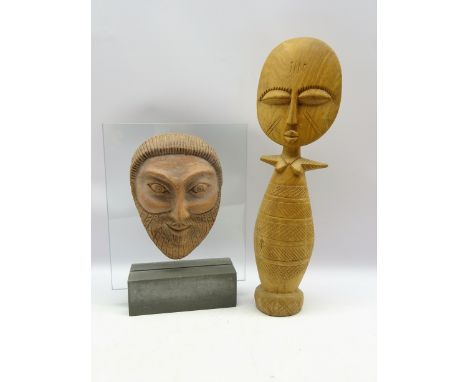 Italian Buccheri Baffoni mask mounted on a glass panel, H35cm and a African carved figure of a woman (2) Condition Report & F