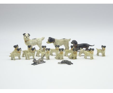 Silver model of a cat stamped 925, spelter model of a Daschund, various other models of Terriers etc