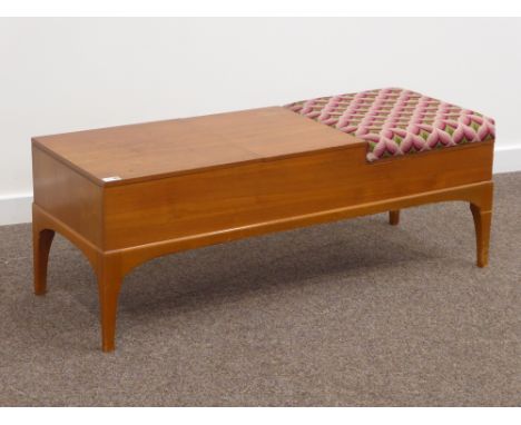 Vintage teak telephone table, hinged top and upholstered seat, 116cm x 42cm, H42cm
