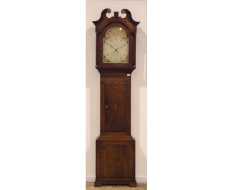 Early 19th century oak and mahogany banded longcase clock, trunk door inlaid with shell, enamel painted dial signed 'J. Richm