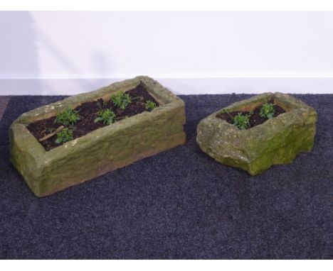 Rectangular hewed stone trough (60cm x 29cm), and a small stone trough (37cm x 27cm), both planted