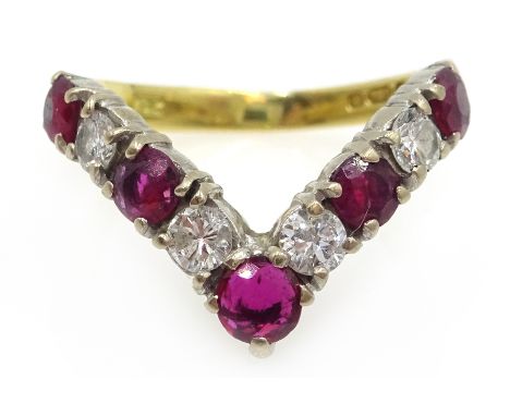 Gold ruby and diamond wishbone ring, hallmarked 18ct  Condition Report &amp; Further Details Approx 3.4gm, size = J