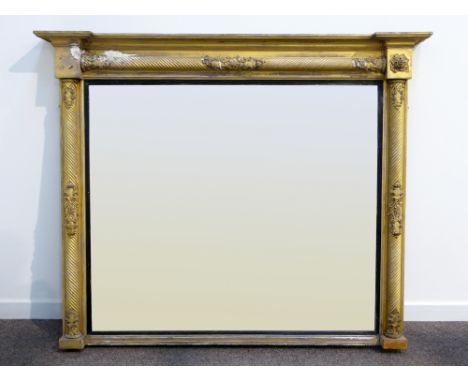 Regency gilt wood and gesso over mantel mirror, twist column pilasters with floral mounts, 155cm x 128cm