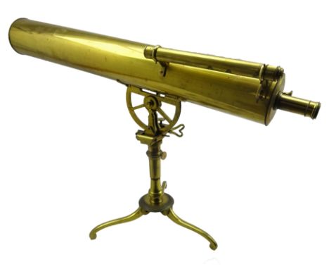 Large 19th Century brass telescope with ratchet adjustment on a tripod stand with accessories, hand written notes etc in fitt